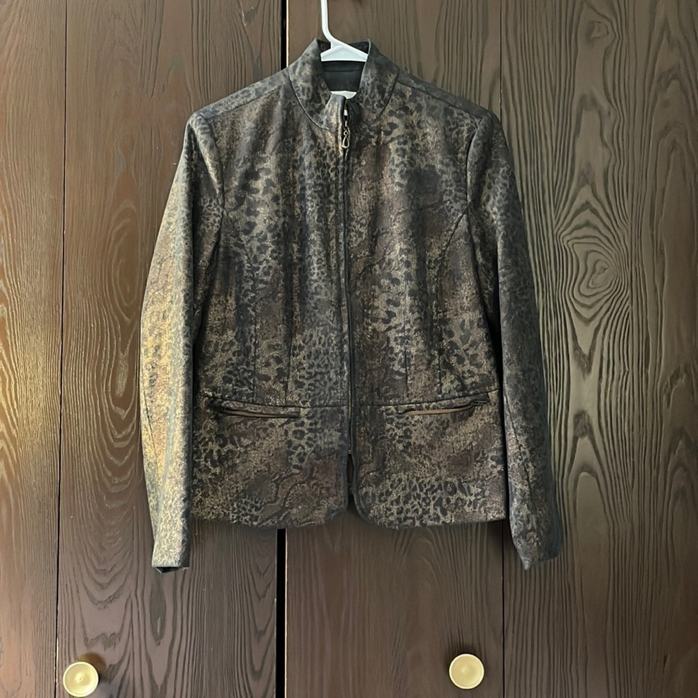 Erin London shiny black/ brown and gold animal patterned jacket. Size Small